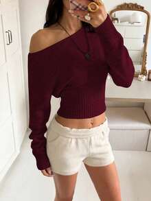 Sexy Open Shoulder Off Shoulder Knit Sweater, Comfortable & Elegant, Suitable For Dating, Daily Gatherings, Casual Travel In Autumn/Winter