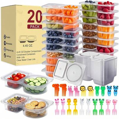 20 Pack Reusable Snack Containers With Lids, Double Compartment Snack Containers Kids & Adults -2 Compartment Condiment Containers, Dishwasher & Microwave,, Meal Prep