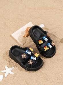 1 Pair Kids Cute Astronaut Design Slip-On Slippers, Comfortable Lightweight Quick-Dry, Suitable For Summer Outdoor Activities, Beach, Vacation - Black - View 1