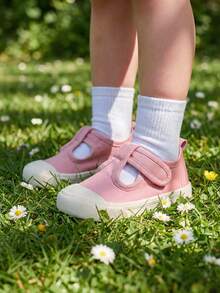 1 Par de Tênis de Lona Rosa de Estilo Novo para Meninas Pequenas, Estilo Doce, Tira em T, , Sola Plana e Macia, Confortável, Respirável, Sapatos Casuais para Bebês, Adequado para Uso Diário na Escola, Passeios, Festas e Feriados, Atividades ao Ar Livre e Viagens na Primavera, Verão, Outono e Volta às Aulas - Rosa chiclete - Visão 1