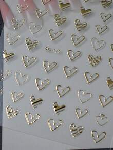 1片箔心形美甲贴纸，银色和玫瑰金镂空浮雕设计，一次性自粘，情人节主题，节日礼物，适合女性装饰指甲的美甲用品 - 金色 - 查看 6