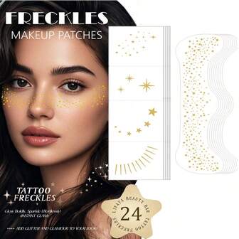 Glitter Freckles, 24PCS Glitter Freckles Face Tattoo, Sparkle Freckles For Women, Waterproof Gold Temporary Face Tattoos Glitter Glow Up Patches Makeup Patches Mardi Gras(Gold)