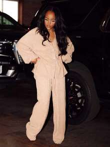 Women's Fashion Sequin Casual 2-Piece Set, Including Front Button Long Sleeve Shirt And High Waist Drawstring Straight Pants, Autumn Spring - Apricot - View 5