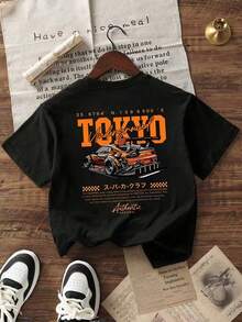 男童字母和赛车图案圆领短袖休闲百搭T恤 - 黑色 - 查看 3