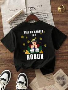 Camiseta de manga corta casual con cuello redondo y estampado de dibujos animados para niños pequeños - Negro - Ver 3