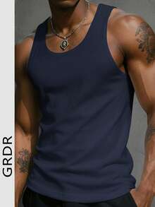 GRDR Camiseta de tirantes casual de unicolor para hombres, versátil para el verano - Azul Marino - Ver 2