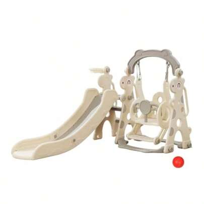 Bopeep 4 In 1 Slide And Swing Set With Climber Steps Basketball Hoop Indoor Outdoor Playground Activity Centre Toy Stairs Playset Equipment Beige