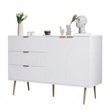 Sideboard, Living Room Cabinet With Doors And Drawers, Interior Shelves, Chest Of Drawers With Gold Handles And Legs - White - View 1