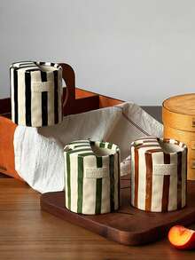 1pc Vertical Striped Ceramic Handled Coffee Mug, Asymmetric Shaped Ceramic Cup, Minimalist European Style, Handmade High Aesthetic Tea Cup, Coffee Mug, Multipurpose, Insulated, Suitable For Home, Restaurant, Cafe, Party And Gift - Multicolor - View 4