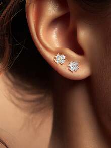 1pc 925 Sterling Silver Flower Stud Earrings, Inlaid With Cubic Zirconia, Fashionable Minimalist Street Style Earrings, Suitable For Daily Wear And Vacation, Perfect Gift For Girlfriend, Mom And Sister - Single Earring - View 6