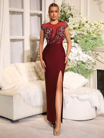 Modphy Nuevo vestido largo ajustado con espalda descubierta y cuentas, elegante vestido de gala sexy para invitados de boda, fiesta y ocasiones de noche