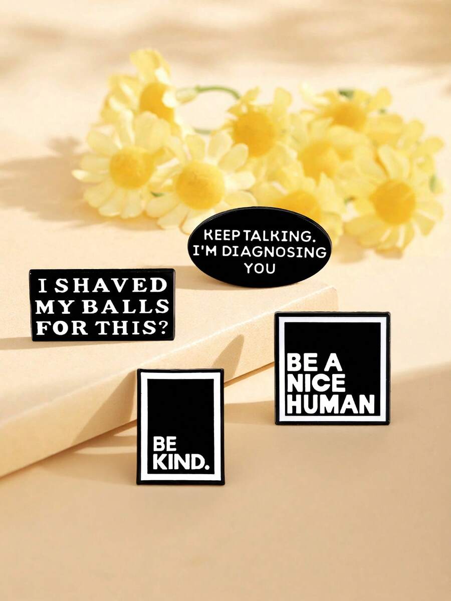 1/4pcs Cartoon Alloy New Brooch, Creative Geometric Square Graphic English Letter Minimalist Fashion Accessory Lapel Pin - Multicolor - View 1