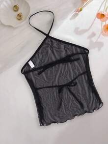 Women's Sexy Black Mesh Halter Camisole Top, Backless Lingerie Lace-Up Sheer Blouse - Black - View 2
