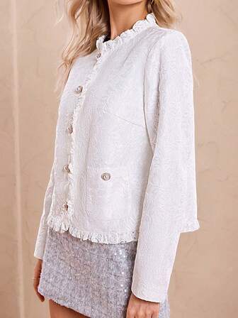 Simplee Chaqueta delgada de manga larga con volantes, botones y encaje elegante y vintage para mujer, para primavera/otoño