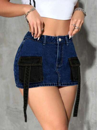 Y2K Retro Dark Blue Denim Mini Skirt, Contrast Color Pockets & Waist Tie High Waist Bodycon Skirt
