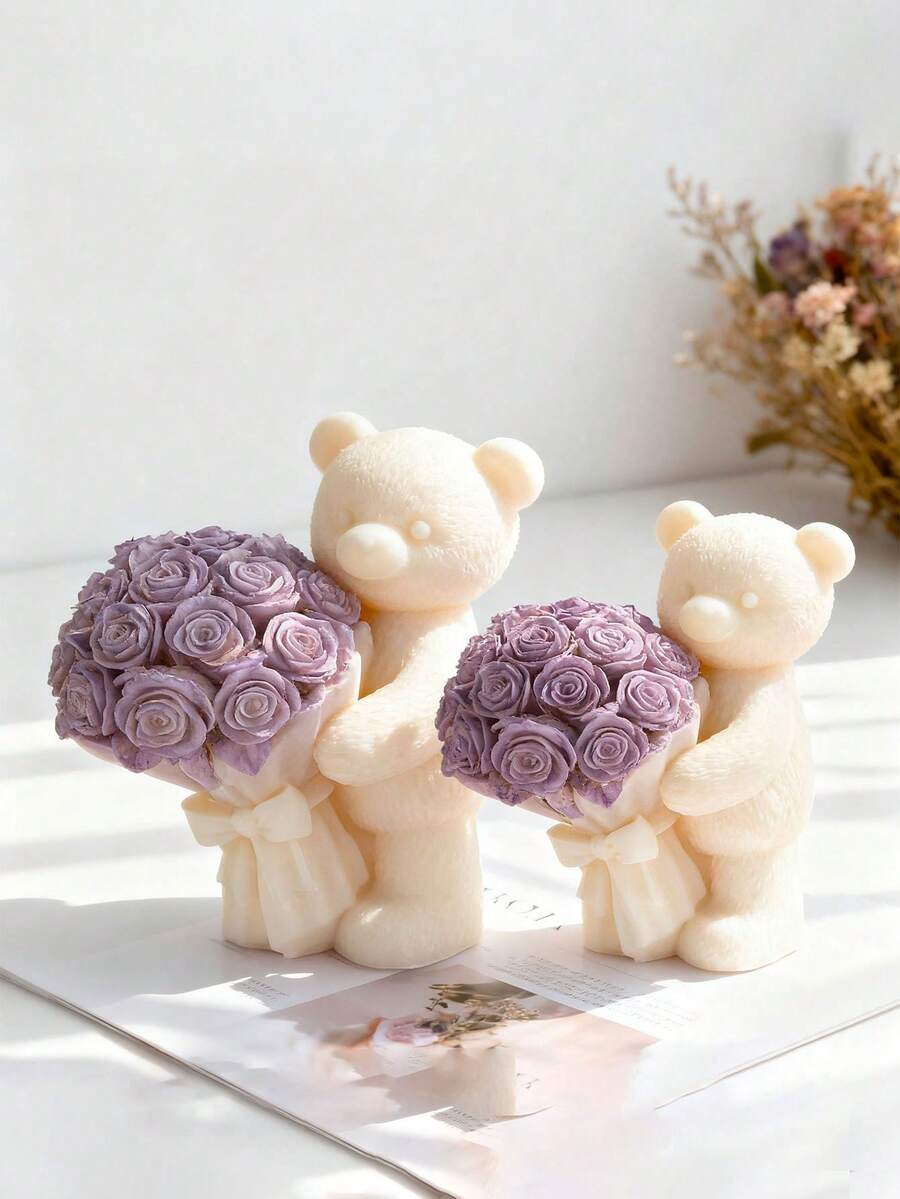 1个可爱小熊、花朵和蝴蝶结硅胶模具 - 3D纹理工艺模具,适用于蜡烛、粘土、石膏、树脂 - 易于脱模,不变形,非常适合家居装饰、生日、情人节礼物 - 营造甜蜜温馨的氛围,小熊装饰 - 白色 - 查看 1