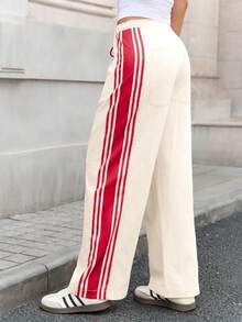 Women's High Waist Baggy Wide Leg Track Pants Drawstring Striped Palazzo Pants With Pockets - 紅色 - 查看 2