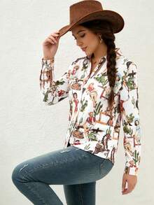 西部风格女士卡通印花长袖翻领纽扣衬衫，有白色、粉色、红色可选 - 白色 - 查看 6