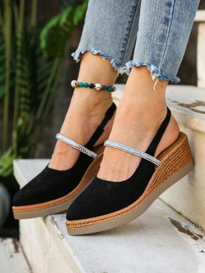 Bohemian Style Women's Summer Vacation Straw Woven Platform Wedge Sandals, Ladies Plus Size 35-43, Retro Buckle Design High Heel Shoes, Thick Bottom Waterproof Platform, Rope Bottom Hollow Wedge Sandals, Open Toe, Pointed Toe, Rhinestone, Backless, High Heel, Elegant, Charming