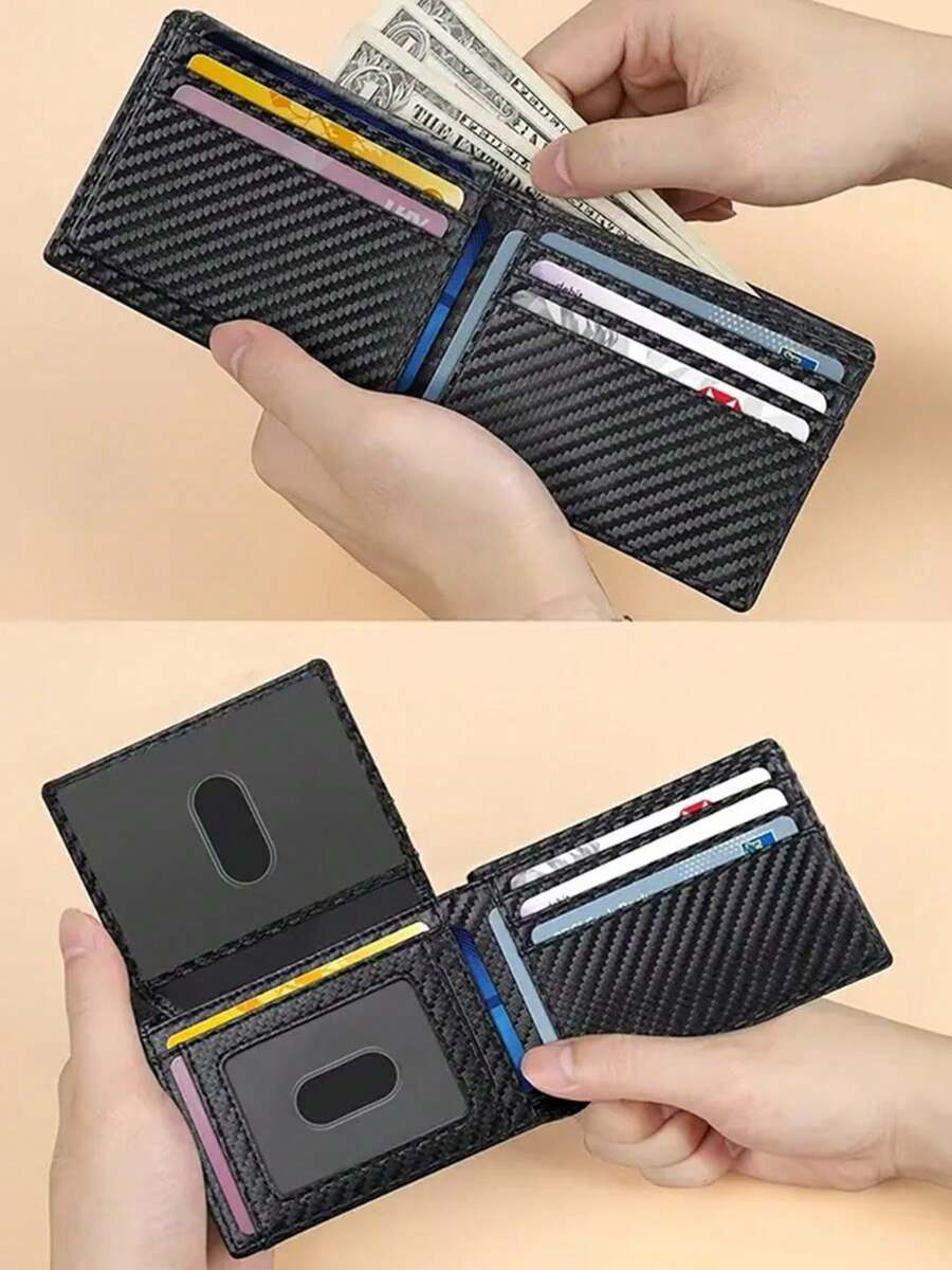Anti-Theft Ultra-Thin Wallet & Card Holder - With 2 ID Windows, Fashion Super Slim Bifold Multi-Function Credit Card Case, Men's Front Pocket Wallet, Daily Carry, Carbon Fiber Anti-Theft Bifold Wallet, Minimalist Casual, Ideal Gift For Boyfriend/Father/Husband, Birthday, Anniversary, Valentine's Day, Father's Day, Men's Wallet, Wallet, Small Wallet, Men's Wallet, Leather RFID Wallet - Black - View 1