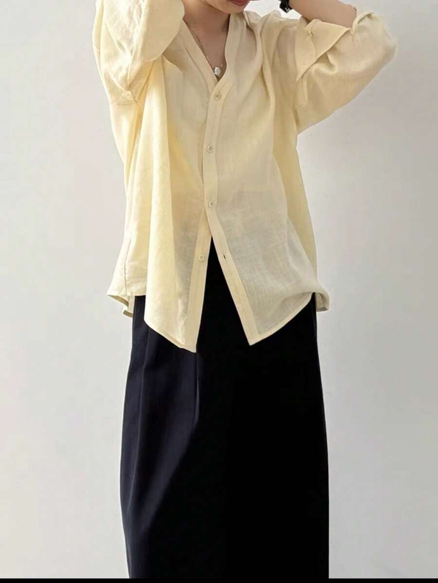 Women's Long-Sleeved Linen Shirt - 淡黃色2 - 查看 1