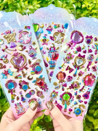 Pegatinas 3D coloridas y lindas, estilos aleatorios, pegatinas en relieve, diseño de dibujos animados adorables, pegatinas de varita mágica para niñas, adecuadas como regalos de recompensa, decoración de fundas de teléfono DIY, lindas y divertidas, se pueden usar para decorar botellas de agua, refrigeradores, teléfonos, cuadernos, etc.