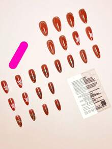 24片/套 华丽优雅粉色星星3D水钻金色线条点缀杏仁形美甲贴片，包含甲油胶和指甲锉，适合女孩/女士日常、派对、秋季美甲用品 - 彩色 - 查看 3