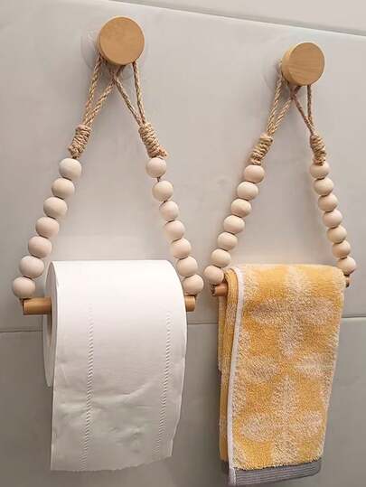 1pc Bathroom Towel Rack With Beaded Wooden Rod, Toilet Paper Holder, Wooden Rod And Beads, Storage Shelf, Farmhouse Decor, Nordic Style Wooden Towel Rack, Adhesive Installation, Toilet Paper Holder, Bathroom Accessories
