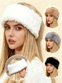 1pc Women's Faux Fur Headband, Solid Black Fluffy Earmuffs Headwrap, Hollow Top Winter Hat - 1Pc - View 1