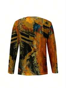 Women's Elegant Abstract Print Long Sleeve Round Neck Tunic Top - Vibrant Yellow, Orange, Green, Black & Brown H-Line Silhouette Blouse, Medium Stretch -Like Texture, Machine Washable Fall Winter Casual & Formal Outfits, Full-Body Abstract Print With Golden & Brown Hues, Relaxed Fit For Layering, No Padding, Regular Length, Elegant Women's Fashion Top, Womens  Shirt, Loose Shirts For Women, Shirts For Women - Nhiều màu - Xem 5