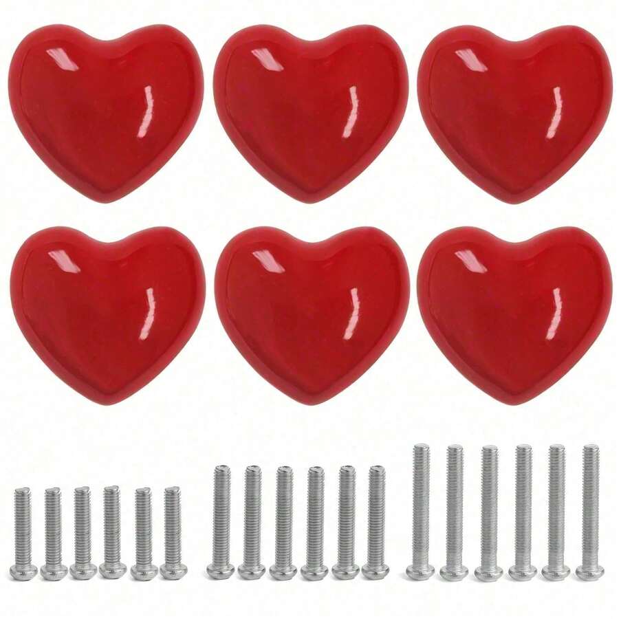 Ceramic Drawer Knobs Heart Shape Cabinet Dresser Pulls Handles With 3 Sized Screws, Kitchen Furniture Knobs For Closet Cupboard Wardrobe(Red Color) - Red - View 1