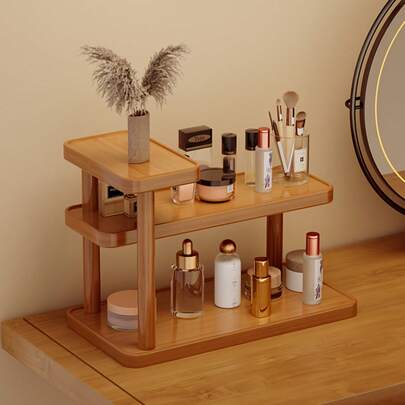 1pc Brown Desktop Storage Rack, Multi-Layer Wooden Desktop Organizer With Cup Holder - Modern Light Brown Freestanding Tabletop Storage Rack, No Assembly Required, Space-Saving For Bathroom, Kitchen, Bedroom Vanity - Wooden Cosmetic And Toiletry Storage Shelf