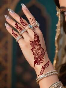 1 ark brun henna-tatueringsdekal, vattentät blomsterfalsk tatuering för hand, blommig tillfällig tatuering för kvinnor, festdekor med mehndi-design, kroppsdekal - Bourgogne - Visa 3