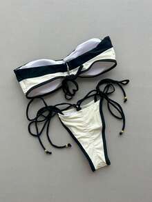 女士时尚抹胸比基尼套装，露背设计，侧系带泳裤，高弹面料 - 黑與白 - 查看 3