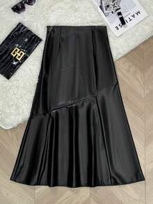 Apperloth A 女士优雅黑色半身裙，PU皮革拼接细节，A字高腰修身长裙，带隐形拉链，美人鱼造型，春秋季服装，商务休闲装扮 - 黑色 - 查看 5