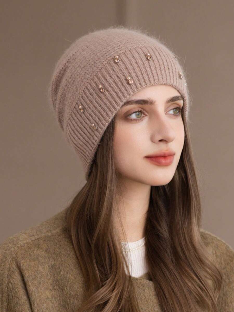 1 Stück Damen Warme Doppelschicht Gestrickte Mütze, Modischer Perlen Stirnband Ohrenschützer Beanie, Dicke Gestrickte Mütze für Mütter im Winter