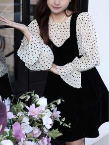 طقم بلوزة كم واسع مطبوع بنقاط وفستان مخملي أسود قطعتين، طقم ملابس للطالبات مناسب لأداء المجموعات على المسرح - متعدد الألوان - مشاهدة 6