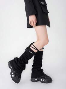 polve 1 Pair Solid Color Non-Woven Fabric Lace-Up Leg Warmers, Y2K Japanese Style, Slim Fit, Available In Dark Gray, White, Light Gray, Khaki, Black, Drawstring Binding Design, Flared Leg Warmers