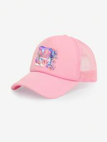 1顶女童粉色花卉城堡装饰字母图案卡车帽，26个字母个性化设计，时尚甜美可爱，透气镂空遮阳棒球帽，适合作为3-8岁女孩的生日/节日礼物，春夏日常、上学、户外活动皆宜。 - 粉色 - 查看 10