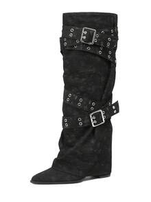 Women's Knee High Boots Wide Calf Buckle Strap Boots Point Toe Chunky Heel Riding Boots Punk Fold Over Gothic Boots For Outdoor Party Retro Vintage Riding Boot Christmas Gift - Black - View 4