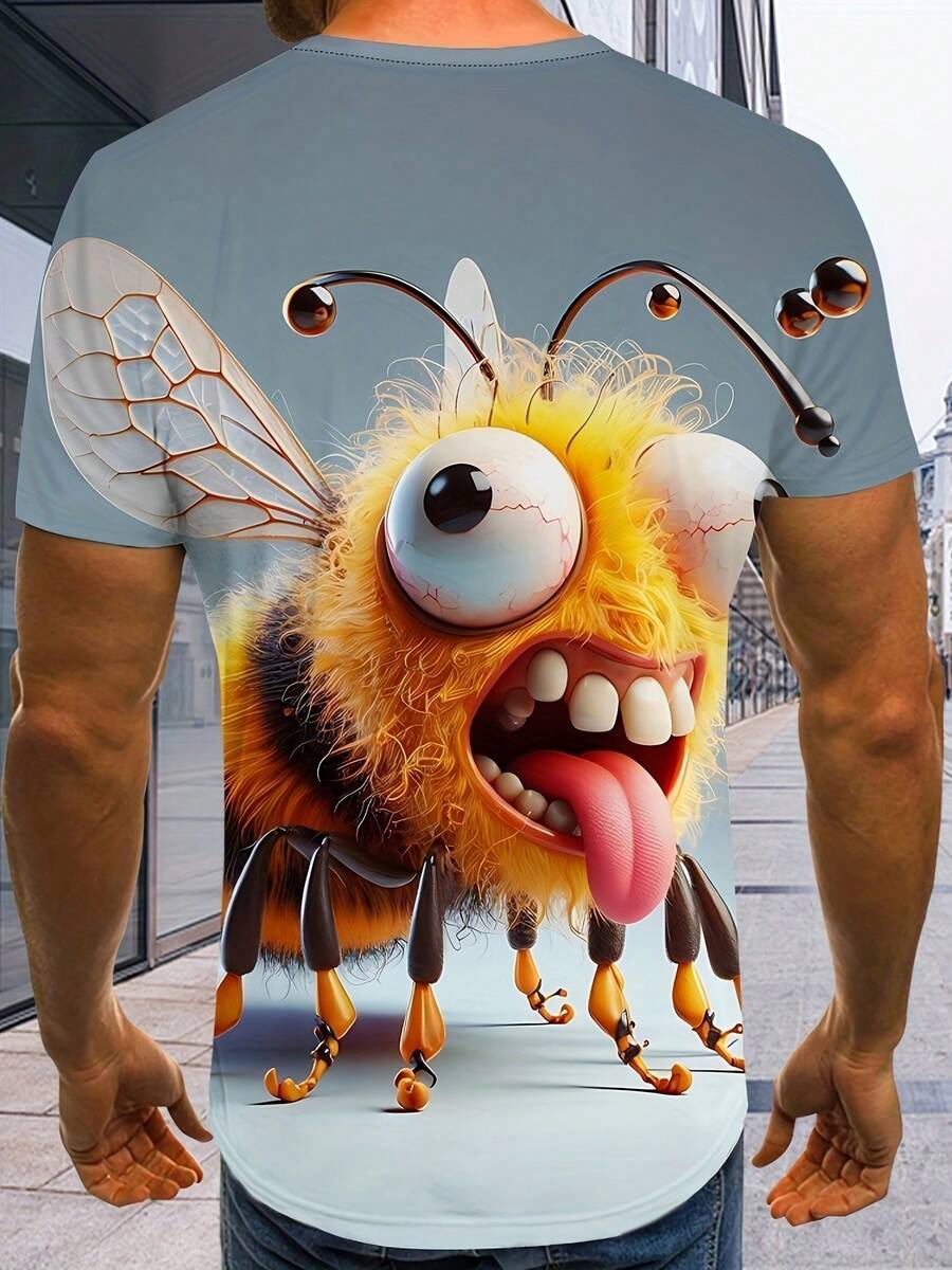 Unisex 3D Print T-Shirt - Cartoon Bee Graphic All-Over Print, Soft Stretch Knit Fabric, Regular Fit Crew Neck Short Sleeve Tee For Summer, Streetwear & Festival Outfit, Machine Washable, Dope Gift Idea, Casual Wear, Playful Design, Comfortable Knit - 混合色 - 查看 1
