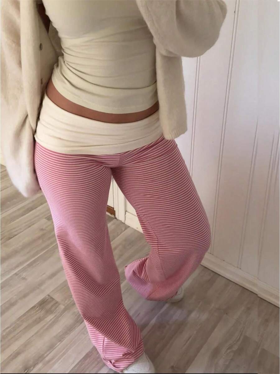 Fold Over Yoga Pants For Women Wide Leg Sweatpants Low Rise Flare Lounge Pant Bell Bottoms Y2K Foldover Pants - 粉色 - 查看 1