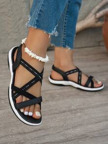 2026 Women's Solid Color Beach PU Leather Criss-Cross Strap Non-Slip Soft Bottom Sandals, Outdoor & Indoor Summer - Black - View 11