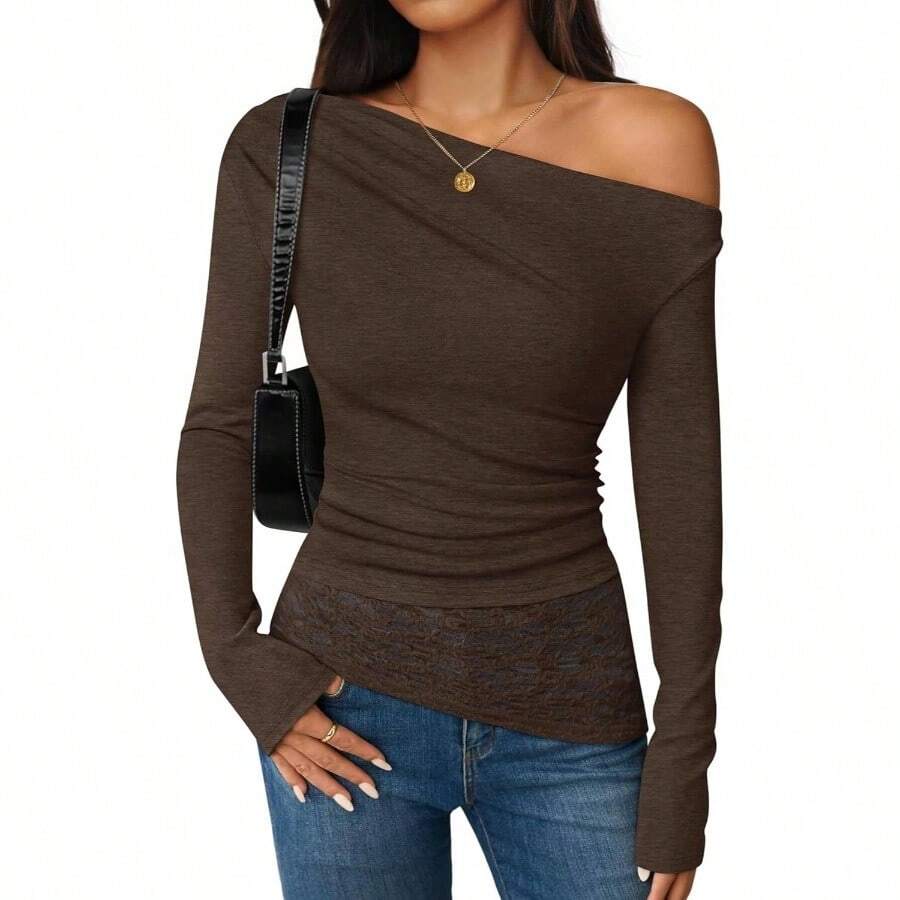 - Blusas de manga larga con hombros descubiertos para mujer, estilo casual, cuello barco, encaje ajustado, para salir, Y2k - Café + G - Ver 1