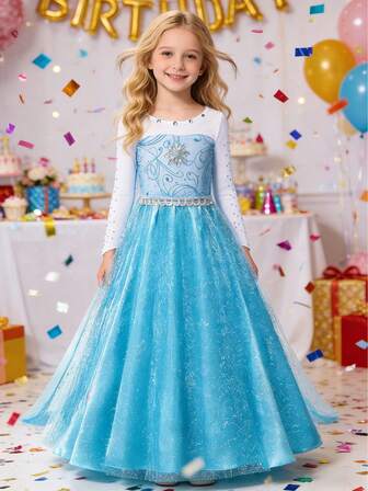 Girls Sequin Mesh Long Sleeve Dress, New Casual Dress, Suitable For Outings, Gatherings With Friends, Birthday Parties And Other Important Occasions