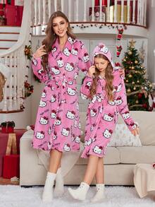 Sanrio Girls   Plush Warm Sleepwear, Casual Loose 2 Pieces Set, Suitable For Spring, Autumn And Winter