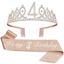 2pcs/Set 4th 5th 6th 7th 8th 9th 10th 12th 13t 16th Birthday Gift Party Favor Rhinestone Crown Jewelry Peony Ribbon Number Etiquette Rose Flower Shoulder Strap Onion Powder Cloth Belt Holiday Dress Up Set Fashion Number Delicate Crown Tiara Hair Accessories It's My Birthday For Pink - Rose Gold - View 14