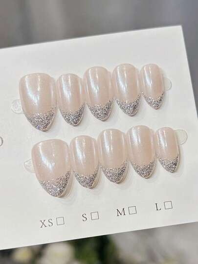 10片手工杏仁形美甲贴片，短款，简约裸粉色美甲，银色法式美甲，铬粉美甲，铬甲贴片，简约优雅手工秋季美甲，秋季贴片美甲，情人节美甲，Y2K风格节日美甲，派对美甲，日常约会美甲，海滩热带度假美甲适用，DIY假指甲艺术，适合女性和女孩作为礼物美甲用品