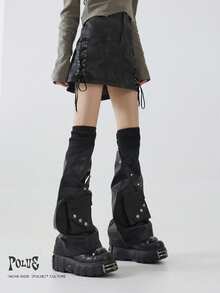 Y2K Subculture Style Black Leather Patchwork Ribbed Sexy Leg Warmers With 3D Pockets, Slimming & Leg Shaping