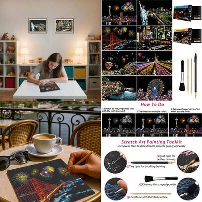 New ProudMoore Scratch Art For Teens And Adults Rainbow Engraving Painting Landscape Scratchboard A4 Crafts Set: 8 Sheets With 4 Tools - New York Statue Of Liberty Golden Gate Bridge Manarola (America/Europe)